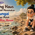 Bunbun dan kucing menyaksikan orang haus yang ragu minum dari sungai