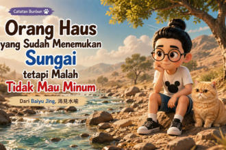Bunbun dan kucing menyaksikan orang haus yang ragu minum dari sungai