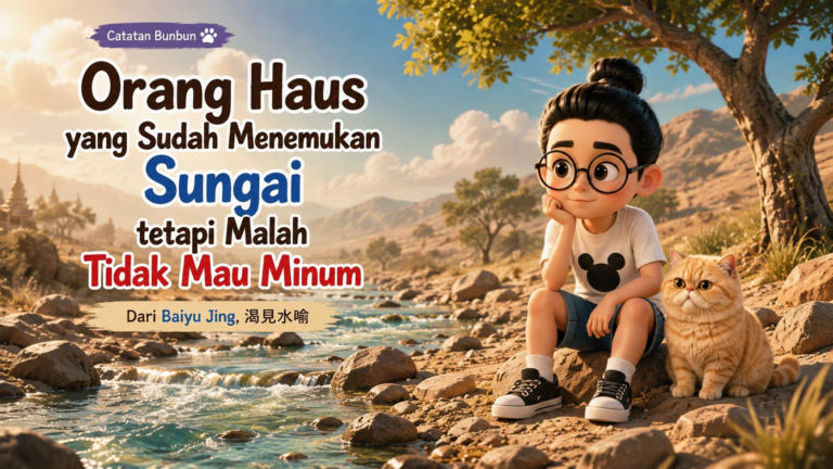 Bunbun dan kucing menyaksikan orang haus yang ragu minum dari sungai