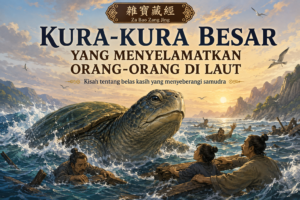 Kura-kura besar menyelamatkan para pedagang di laut, ilustrasi kisah dari Za Bao Zang Jing