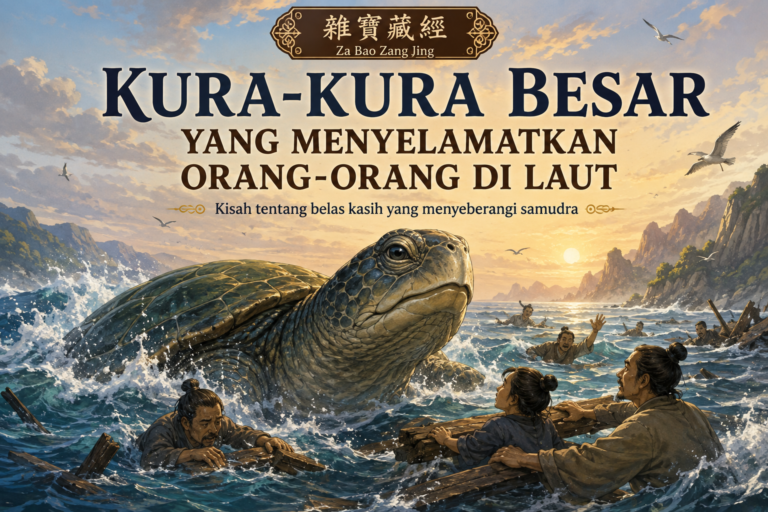Kura-kura besar menyelamatkan para pedagang di laut, ilustrasi kisah dari Za Bao Zang Jing