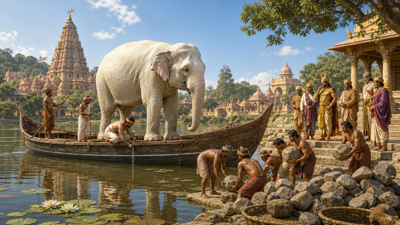 Seekor gajah ditimbang dengan metode perahu dan tanda permukaan air dalam kisah Buddhis kuno