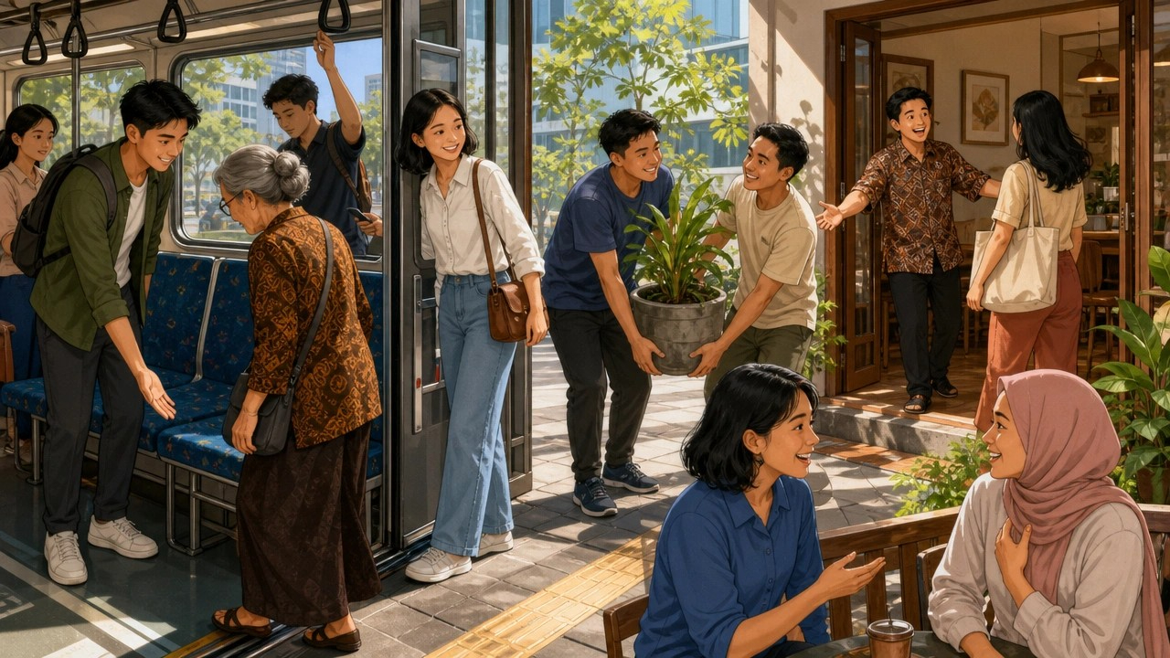 Bunbun memberikan tempat duduk kepada seorang lansia sementara kucingnya duduk di bangku