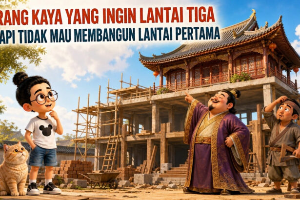 Bunbun dan kucing bersama orang kaya di depan bangunan tiga lantai yang sedang dibangun