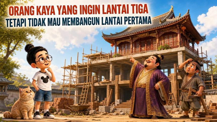 Bunbun dan kucing bersama orang kaya di depan bangunan tiga lantai yang sedang dibangun