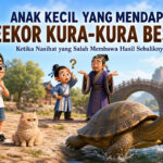 Bunbun dan kucing menyaksikan anak kecil yang mendapatkan kura-kura besar dalam perumpamaan Baiyu Jing
