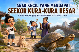 Bunbun dan kucing menyaksikan anak kecil yang mendapatkan kura-kura besar dalam perumpamaan Baiyu Jing