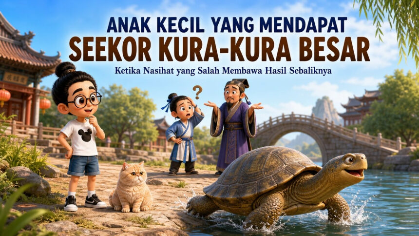 Bunbun dan kucing menyaksikan anak kecil yang mendapatkan kura-kura besar dalam perumpamaan Baiyu Jing