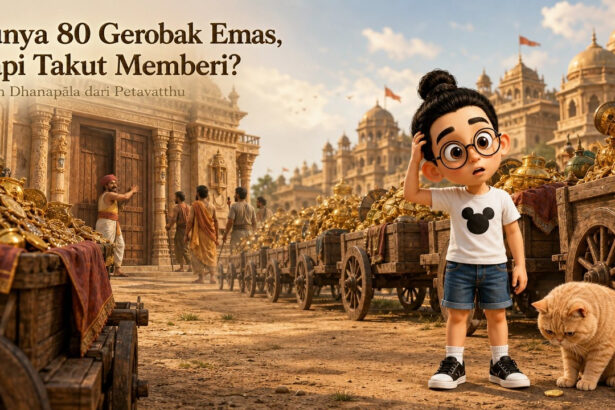 Bunbun menghitung gerobak emas dan merenungkan bahwa keinginan tidak selesai hanya dengan memiliki lebih banyak
