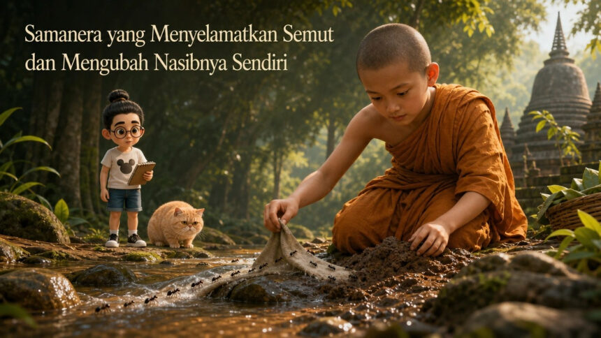 Samanera menyelamatkan semut dari aliran air — featured image
