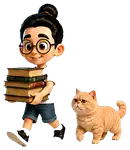 Bunbun berjalan membawa buku bersama kucing
