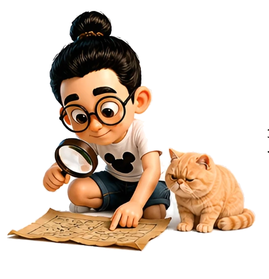 Bunbun meneliti dengan kaca pembesar