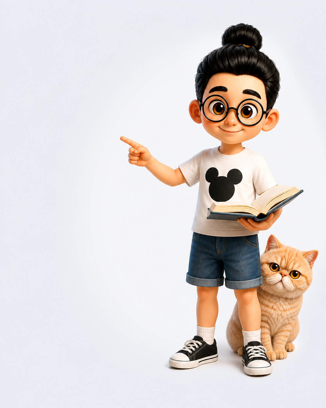 Bunbun memegang buku dan menunjuk daftar referensi ditemani kucing exotic shorthair krem-oranye