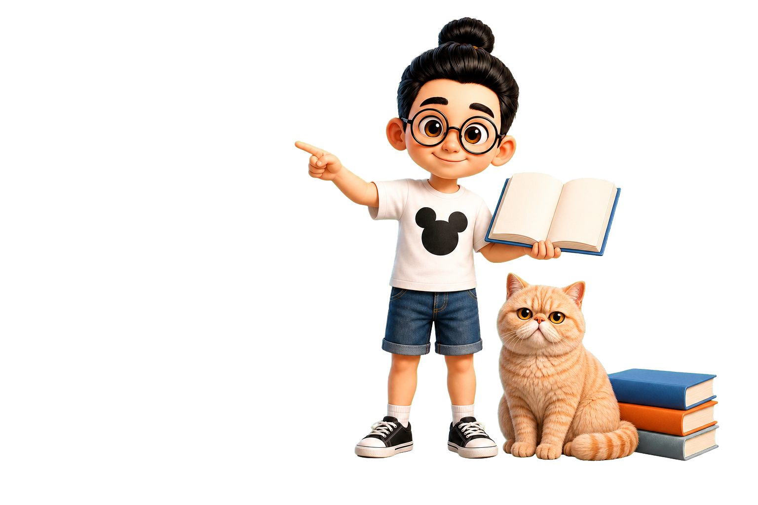 Bunbun menunjukkan buku referensi bersama kucing krem oranye