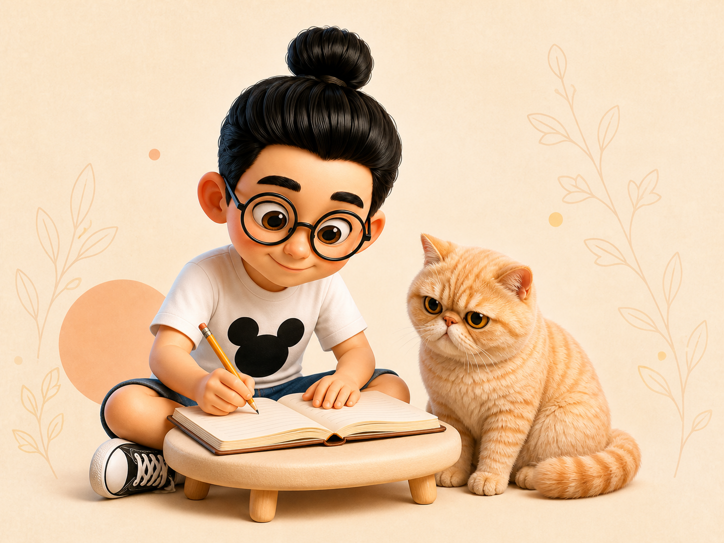 Bunbun menulis di buku catatan ditemani kucing exotic shorthair krem-oranye