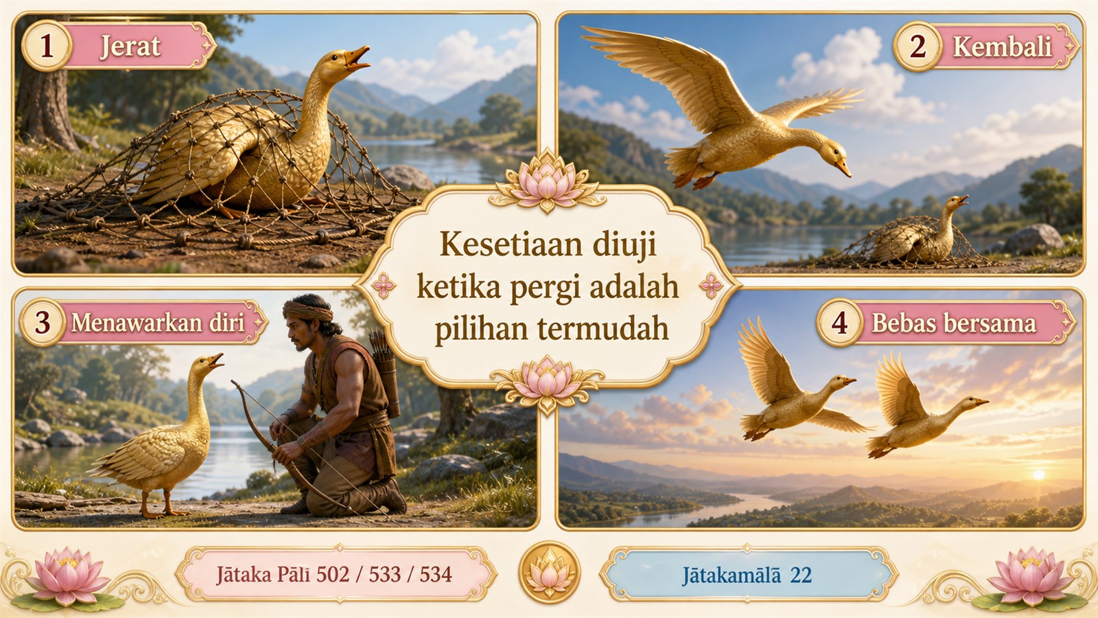 Infografis empat tahap ketika Dhataraṭṭha terjerat dan Sumukha memilih kembali hingga keduanya bebas.