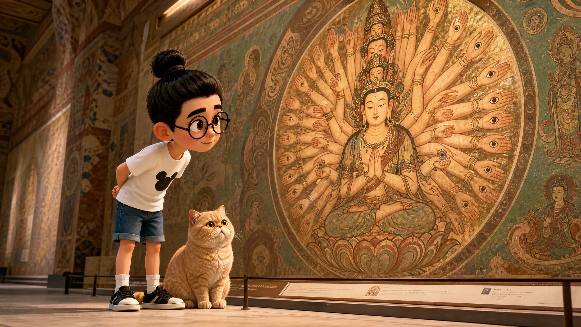 Bunbun dan kucing mengamati lukisan Guanyin Seribu Tangan di galeri