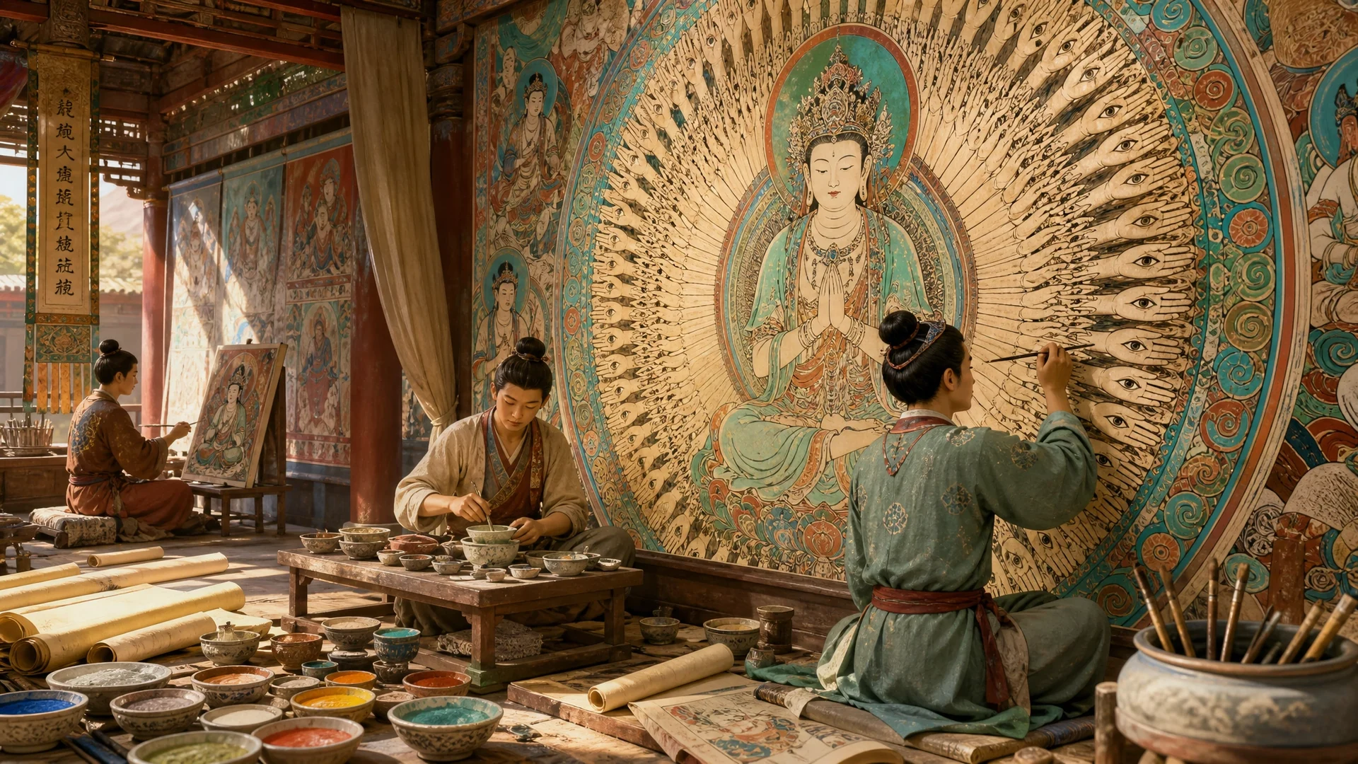 Seniman masa Tang membuat lukisan Guanyin Seribu Tangan dengan pigmen mineral