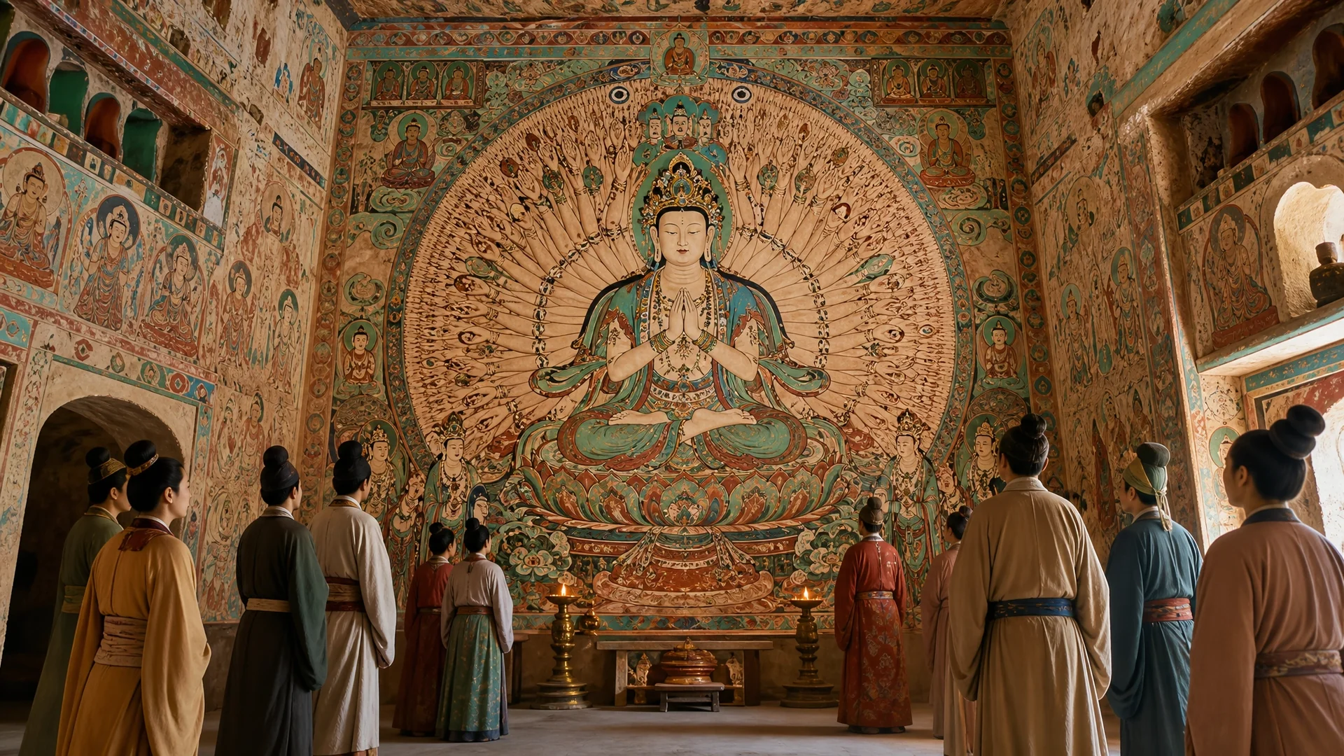 Rekonstruksi ruang pemujaan Dunhuang dengan mural Guanyin Seribu Tangan