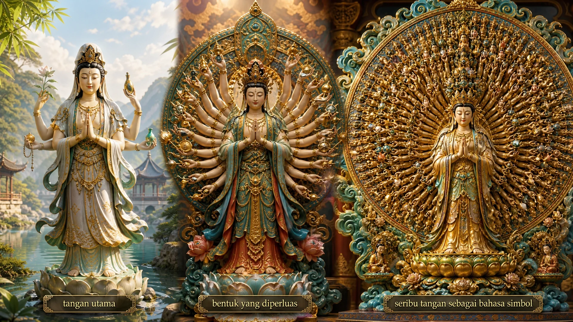 Perbandingan artistik Guanyin bertangan utama, puluhan tangan, dan seribu tangan simbolis