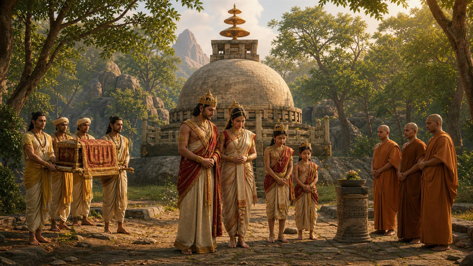 Keluarga kerajaan berduka dengan hormat di depan stupa peringatan dalam hutan India kuno