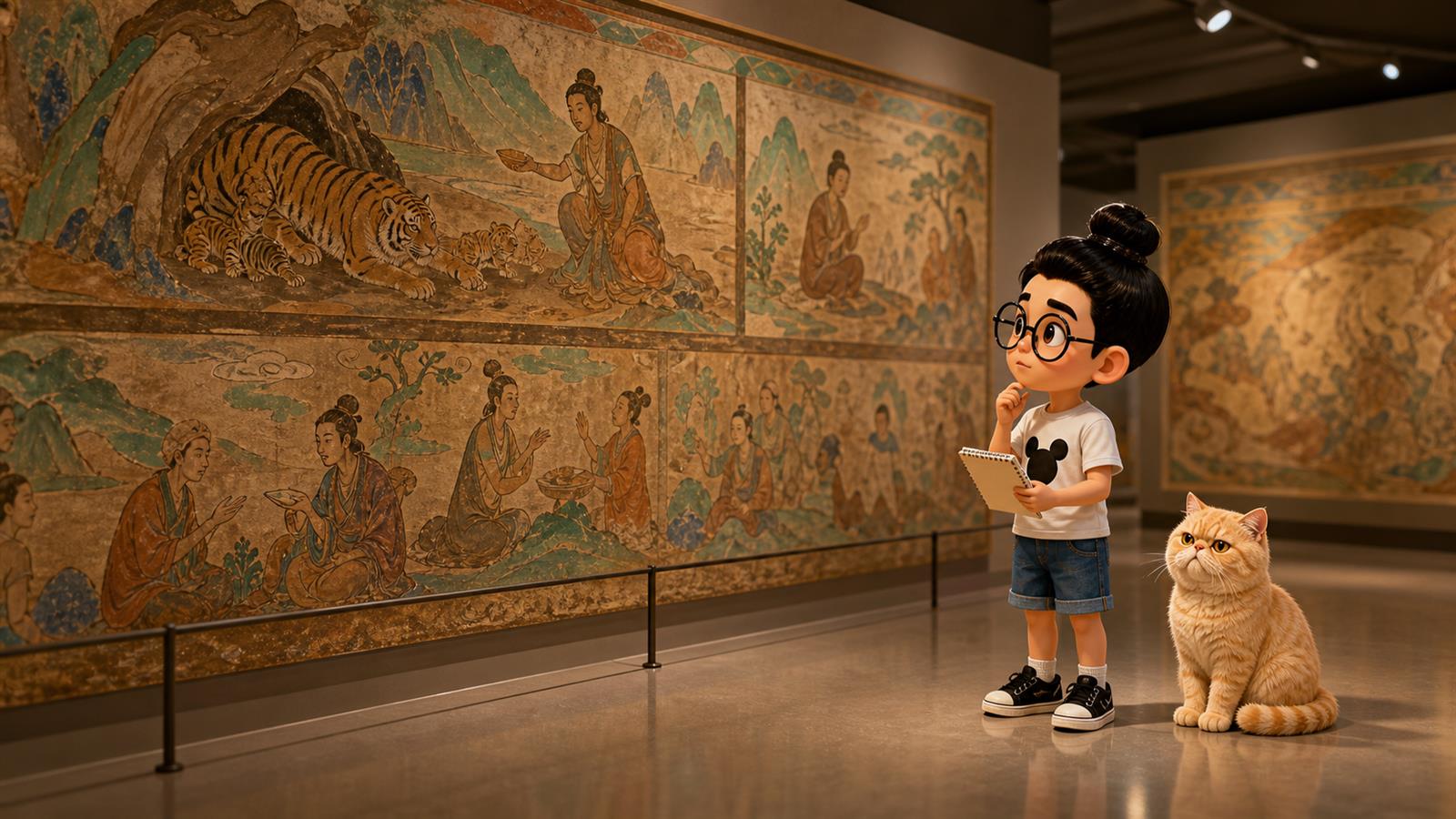 Bunbun dan kucing Exotic Shorthair krem jingga mengamati mural kisah harimau betina di museum