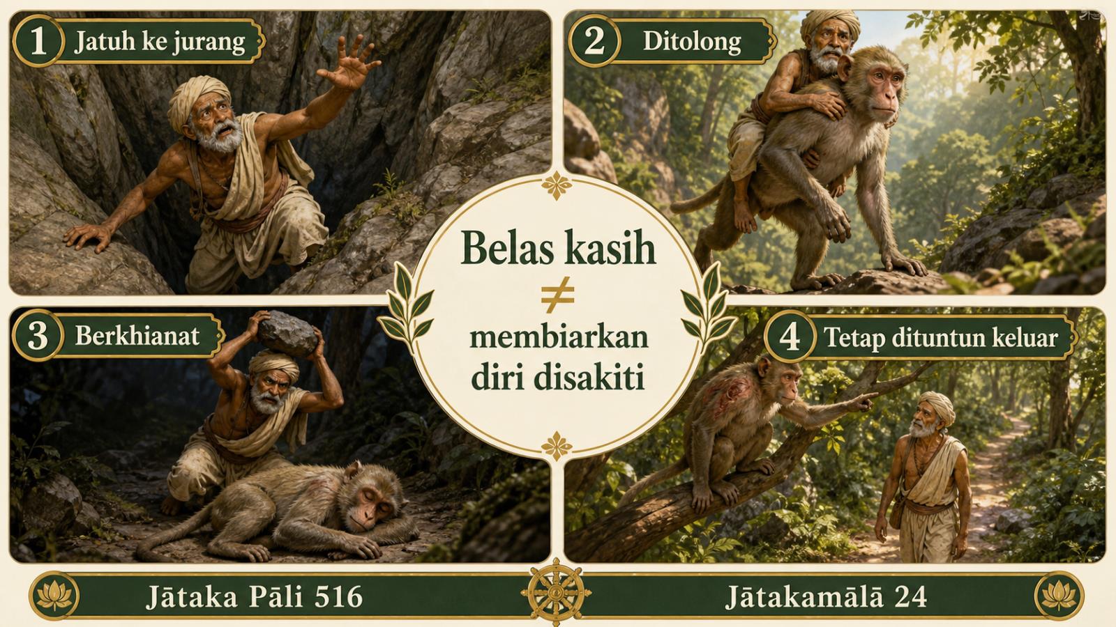 Infografis empat tahap kisah Mahākapi Jātaka 516 dari jurang hingga monyet tetap menunjukkan jalan keluar.