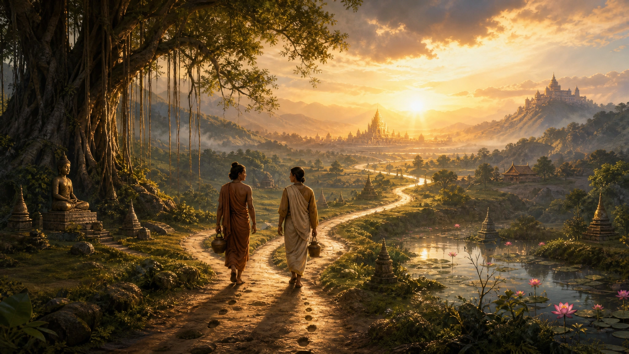Dua pencari spiritual berjalan menuju kota di kejauhan