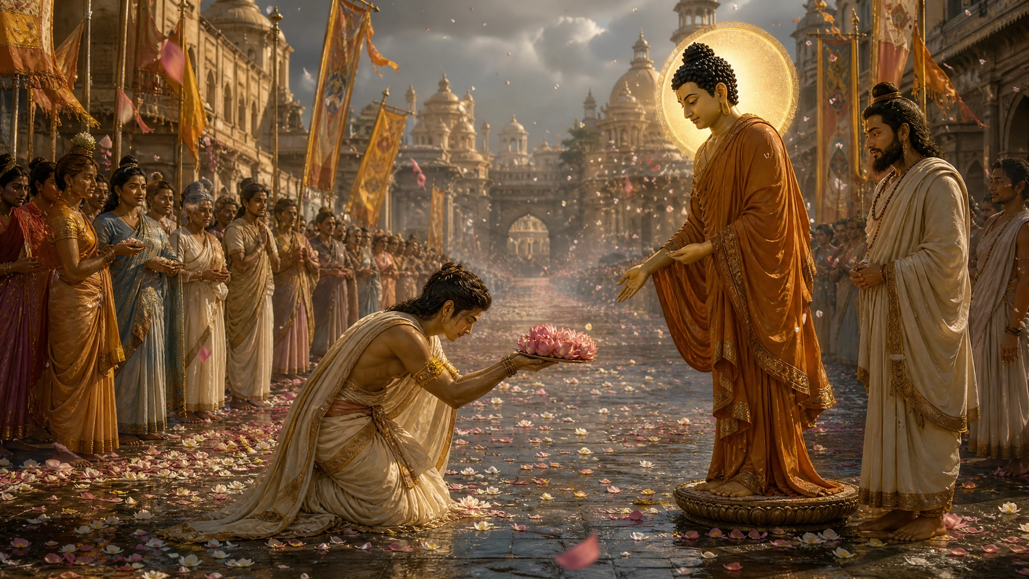 Seorang pertapa mempersembahkan bunga teratai kepada Buddha Dīpaṅkara