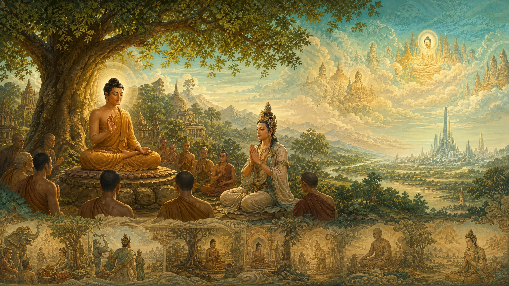 Śākyamuni mengajar sementara Maitreya mendengarkan