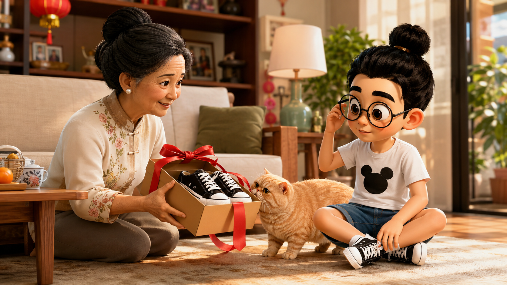 Seorang kerabat memberikan kotak sepatu kepada Bunbun sementara kucing memperhatikan pita hadiah