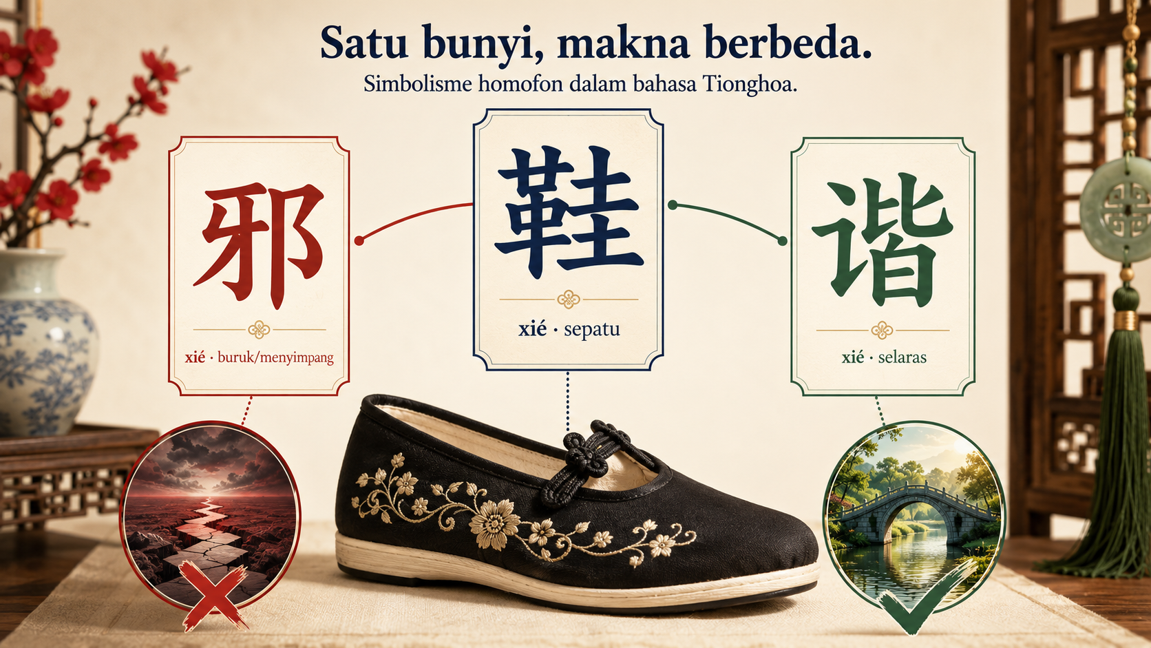 Infografis kata Mandarin untuk sepatu, makna buruk, dan selaras yang memiliki bunyi serupa