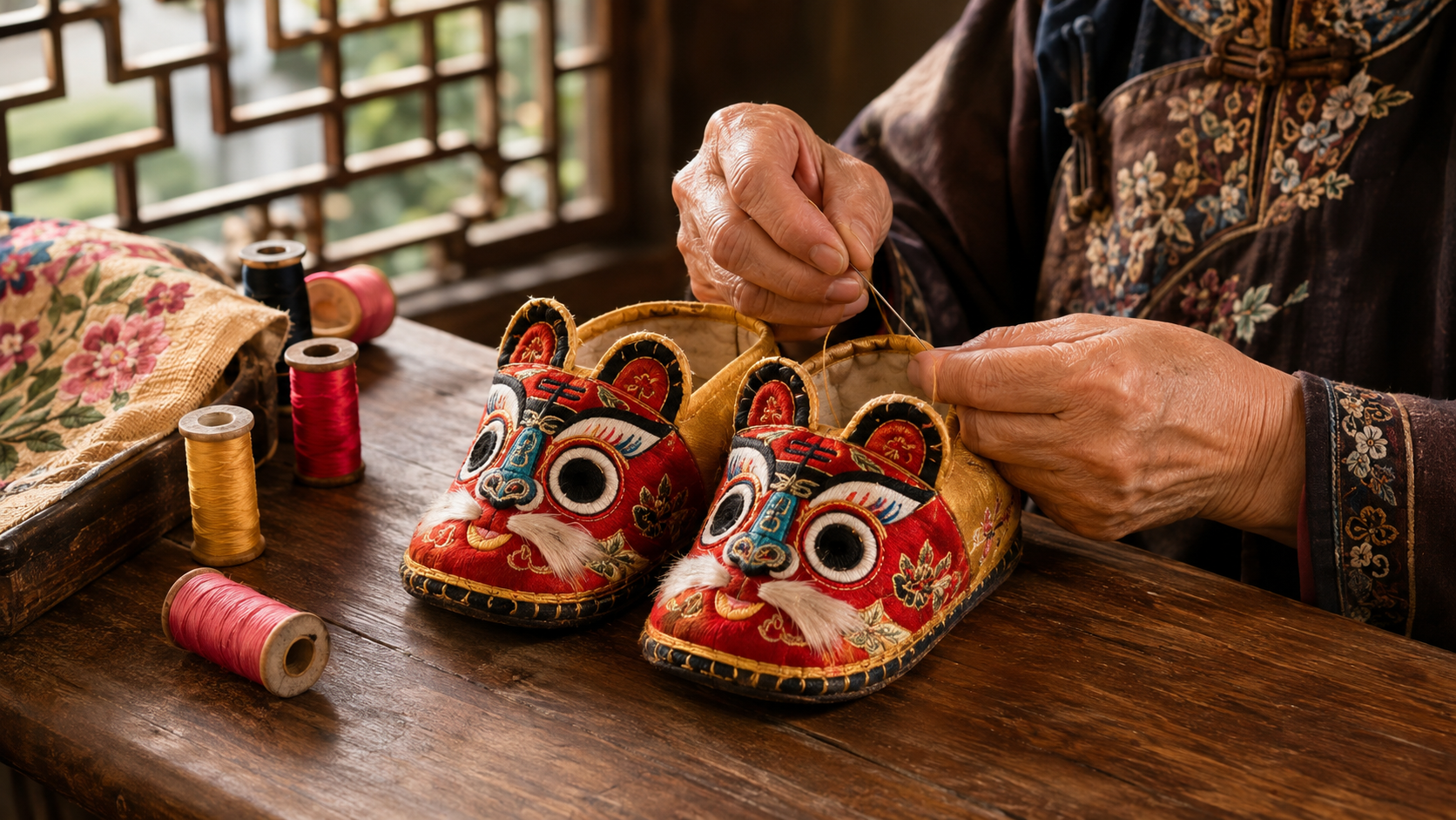 Sepasang sepatu anak tradisional Tiongkok berbentuk kepala harimau sedang disulam dengan tangan