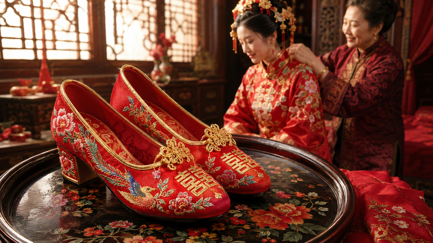 Sepatu pengantin merah bersulam dalam persiapan pernikahan tradisional Tionghoa