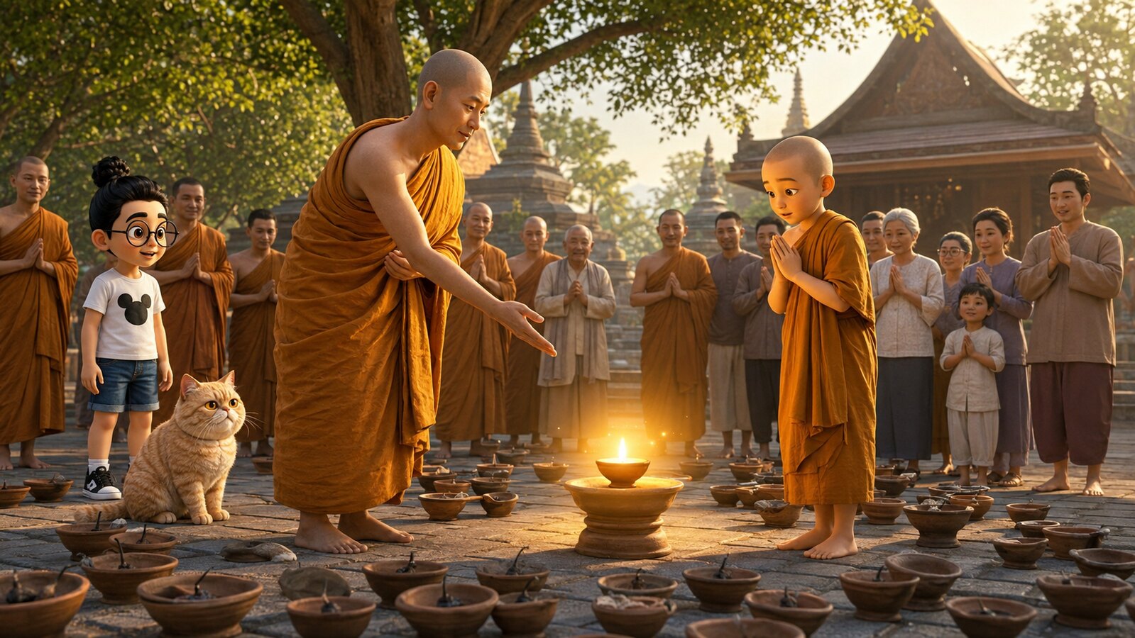 Seorang bhikkhu dan para penghuni vihara takjub melihat pelita kecil Nanda yang tidak padam