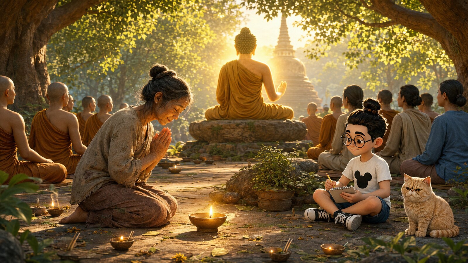 Nanda mendengarkan ajaran Buddha sementara Bunbun mencatat makna ketulusan dari pelita kecilnya