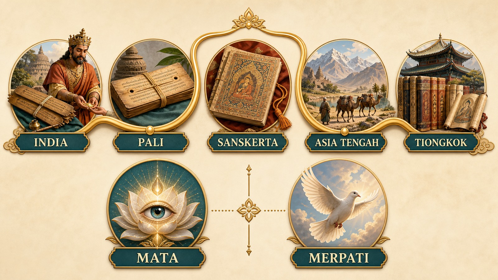 Infografis jalur India, Pali, Sanskerta, Asia Tengah, dan Tiongkok serta perbedaan motif mata dan merpati