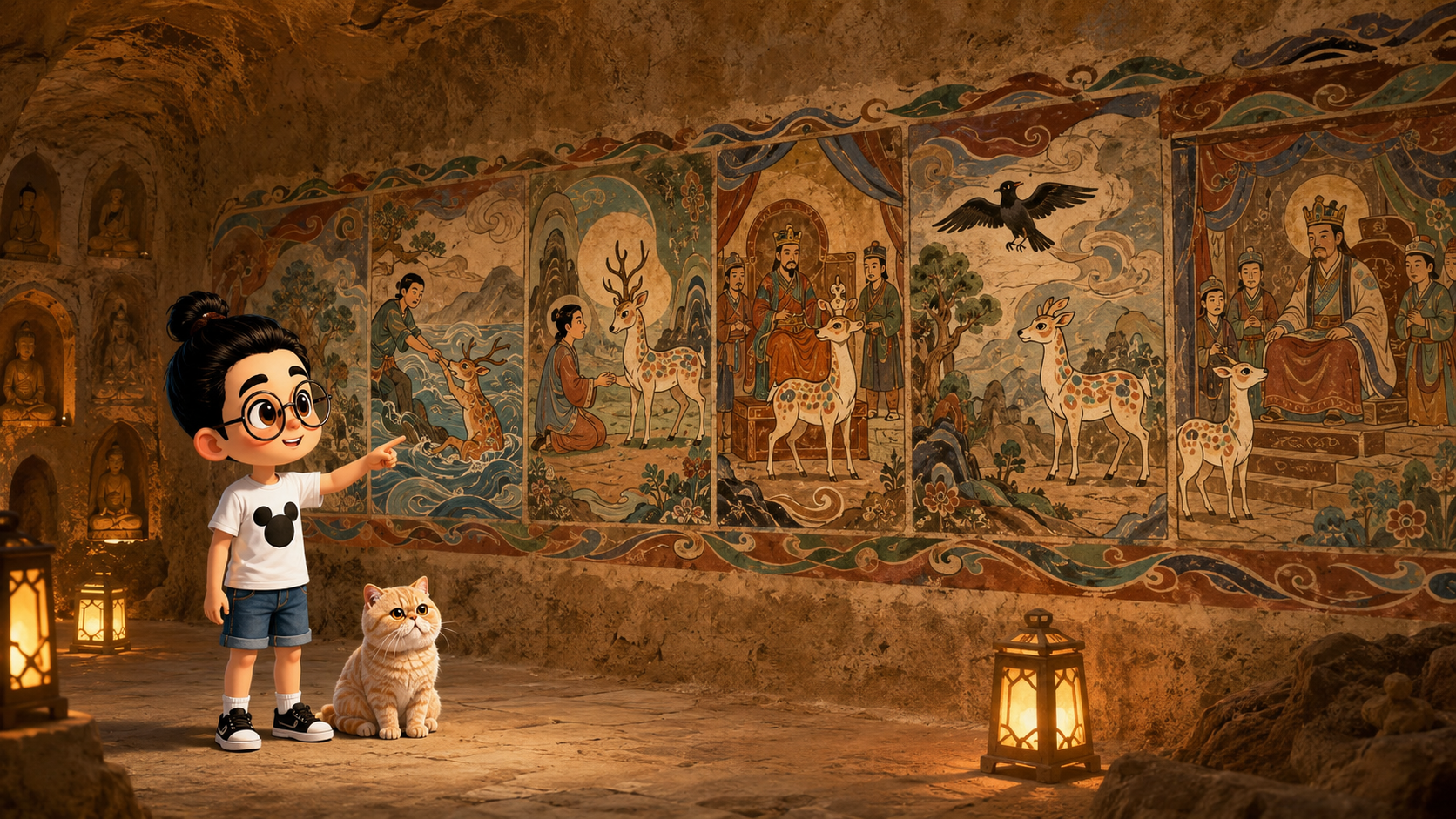 Bunbun dan kucing melihat mural gua tentang kisah Rusa Sembilan Warna