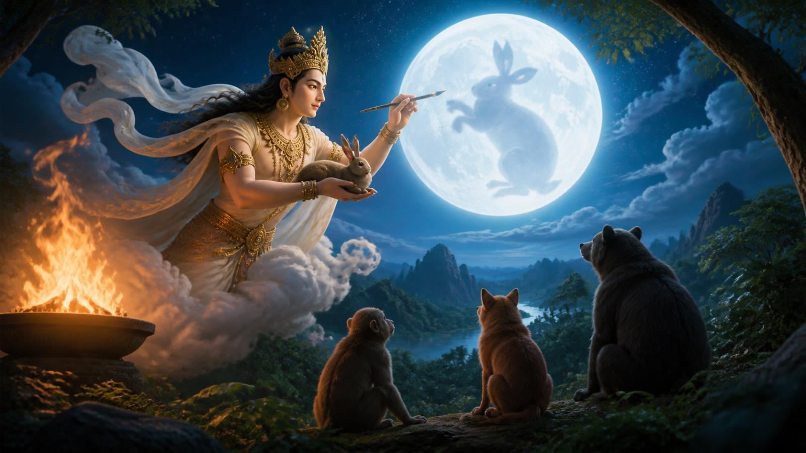 Śakra mengangkat kelinci yang selamat dan mengabadikan bayangannya pada bulan purnama.