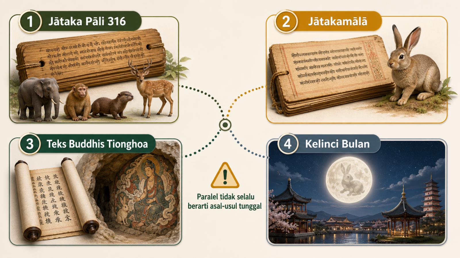 Infografis menunjukkan cabang Jātaka Pāli, Jātakamālā, teks Buddhis Tionghoa, dan tradisi kelinci bulan.