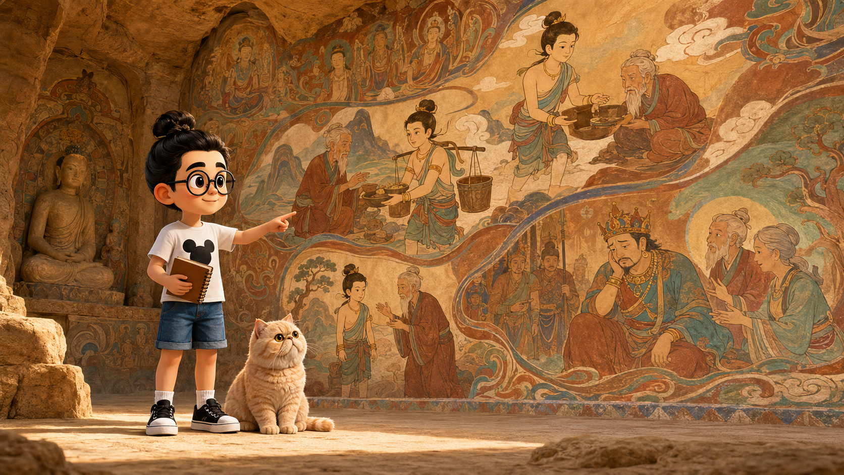 Bunbun dan kucing melihat mural bergaya Dunhuang yang menceritakan perjalanan kisah Shanzi.