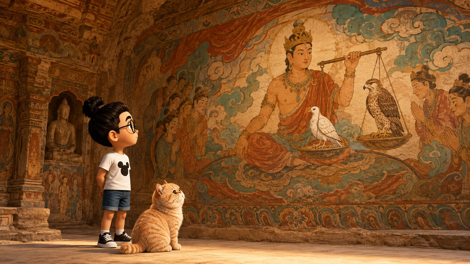 Bunbun dan kucingnya melihat mural seni gua Buddhis tentang Raja Sibi merpati elang dan timbangan