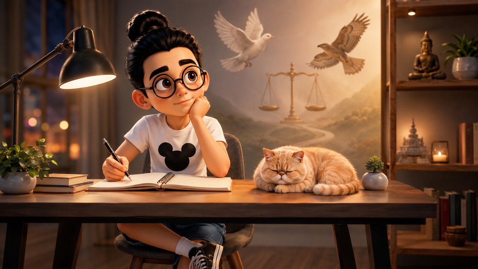 Bunbun menulis catatan refleksi tentang Raja Sibi dengan kucingnya tidur di meja