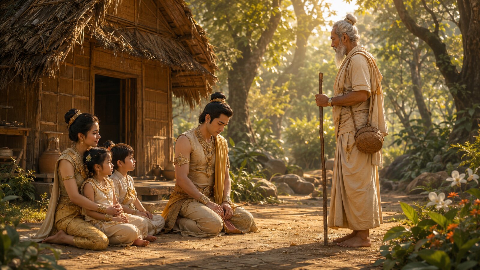 Adegan simbolik ketika seorang brahmana tua meminta kepada Pangeran Sudāna di pertapaan hutan